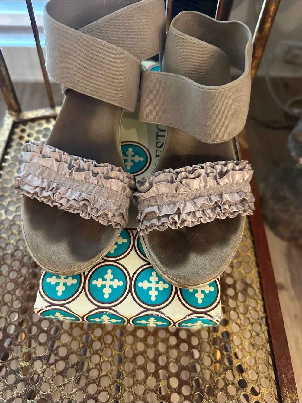 CHARLESTON SHOE CO. Taupe Ruffle Ankle-Wrap Wedges